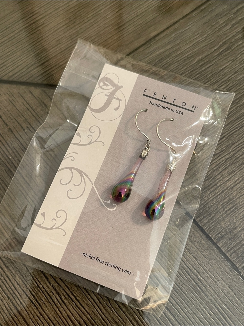 FENTON Carnival Art Glass Tear Drop Earrings Iridescent .925 Sterling Wire NWT